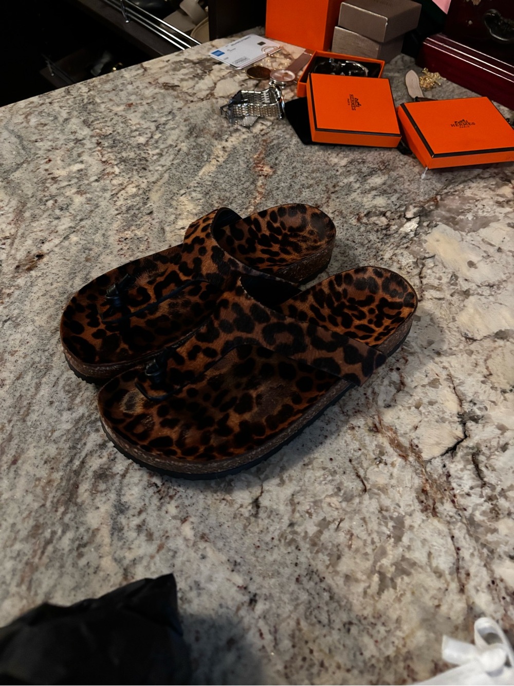Saint Laurent Leopard Print Cork Thong Slide Sandals - YSL